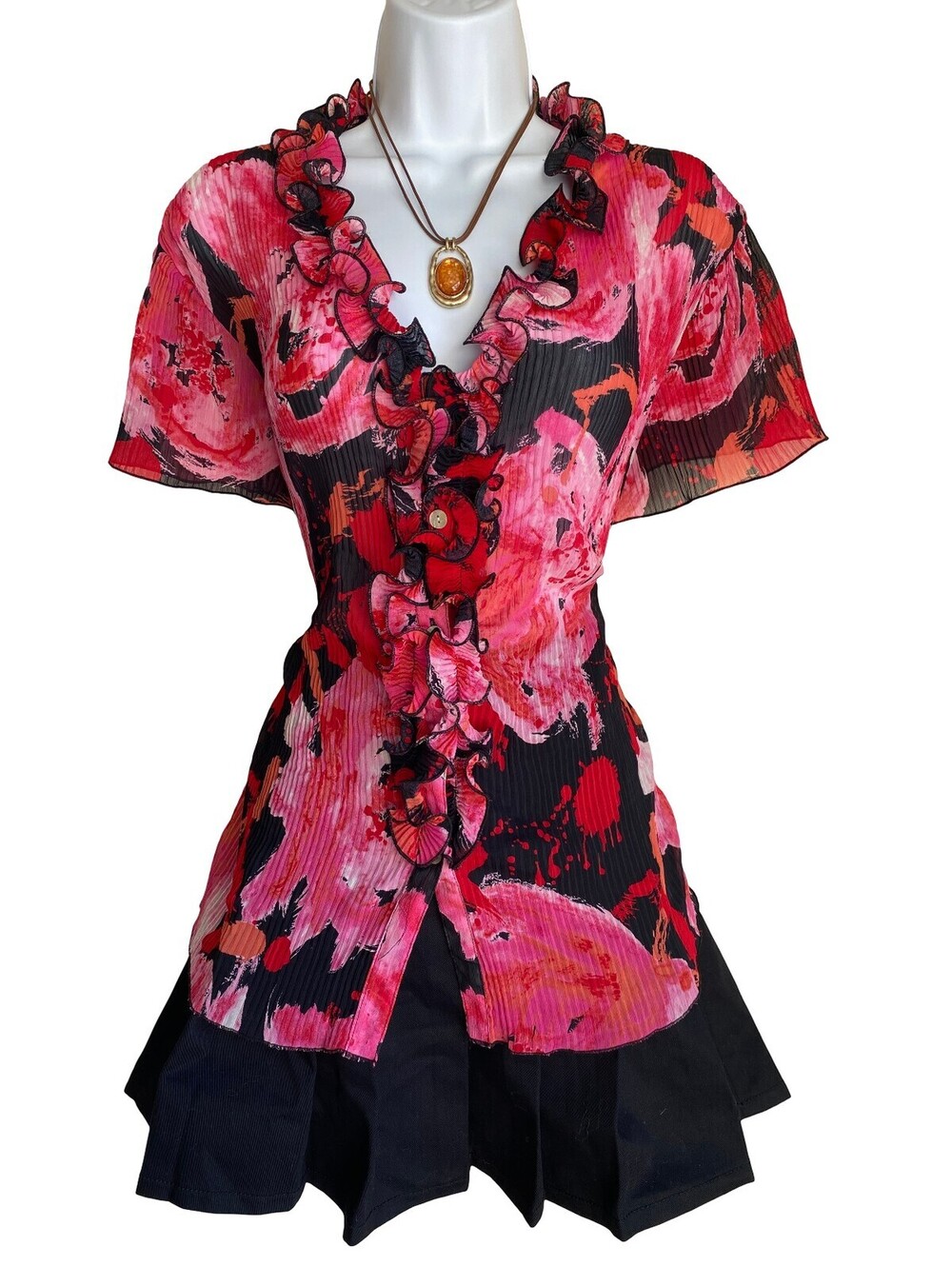 Vintage Investments Plus XL Pink Floral Ruffle Front Button Up Blouse Boho Artsy